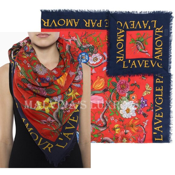 GUCCI SCARF WOOL SILK FLORA SNAKE L'Aveugle Par Amour PRINT SHAWL 53" - Picture 1 of 16